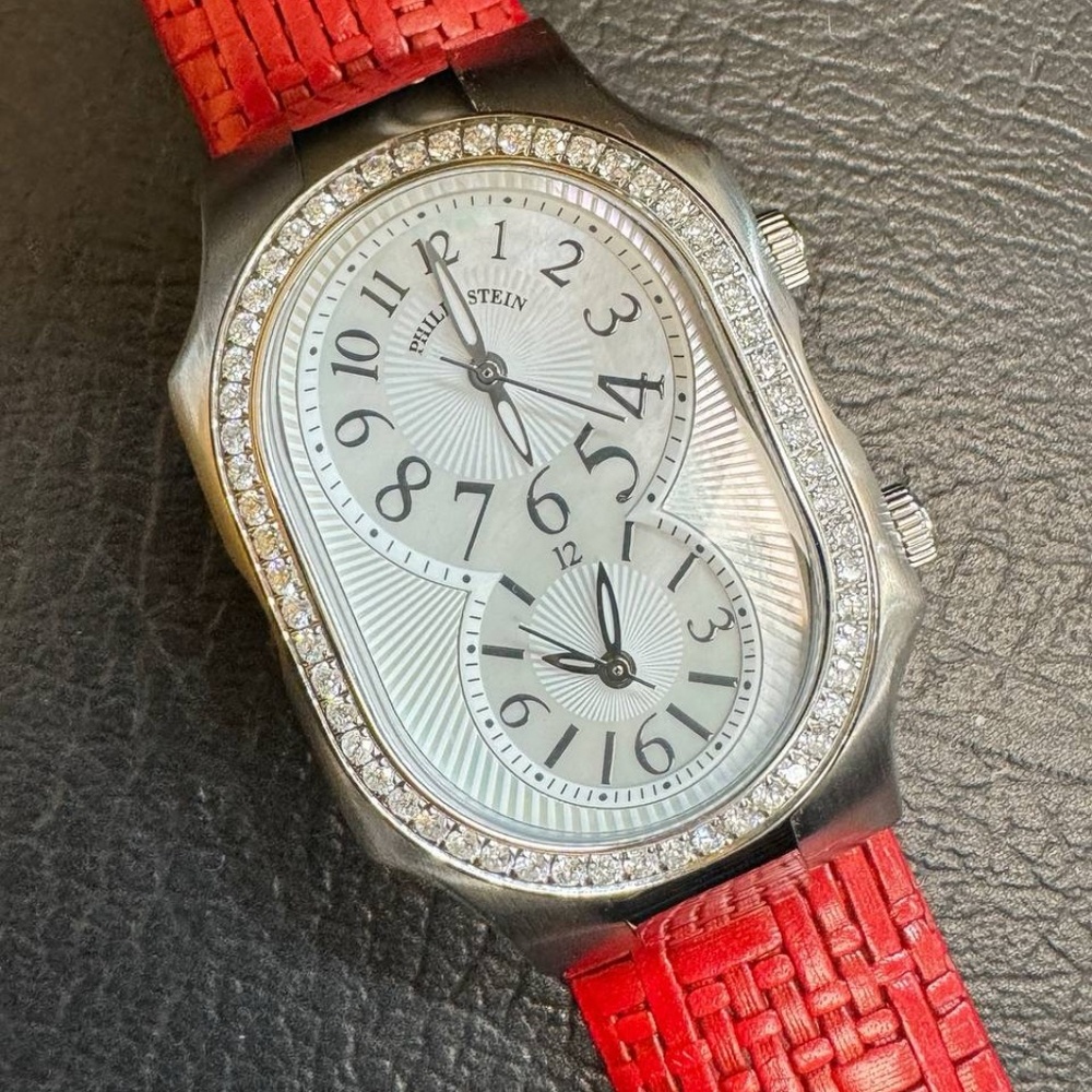 philip stein signature watch MOP dial diamond bezel red wicker strap